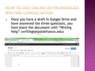 2.   Once you have a draft in Google Drive and
     have answered the three questions, you
     then share the document wi...