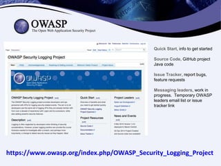 https://www.owasp.org/index.php/OWASP_Security_Logging_Project
Quick Start, info to get started
Source Code, GitHub projec...