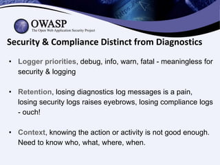 Security & Compliance Distinct from Diagnostics
• Logger priorities, debug, info, warn, fatal - meaningless for
security &...