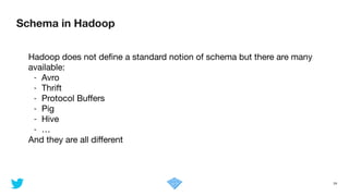 Schema in Hadoop
24
Hadoop does not deﬁne a standard notion of schema but there are many
available:

- Avro

- Thrift

- Protocol Buﬀers

- Pig

- Hive

- …

And they are all diﬀerent
 