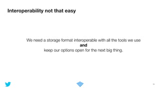 Interoperability not that easy
11
We need a storage format interoperable with all the tools we use
and
keep our options op...