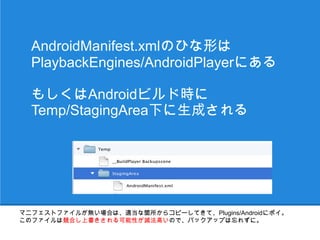 AndroidManifest.xmlのひな形は
  PlaybackEngines/AndroidPlayerにある

  もしくはAndroidビルド時に
  Temp/StagingArea下に生成される




マニフェストファイルが無い場合は、適当な箇所からコピーしてきて、Plugins/Androidにポイ。
このファイルは競合し上書きされる可能性が滅法高いので、バックアップは忘れずに。
 
