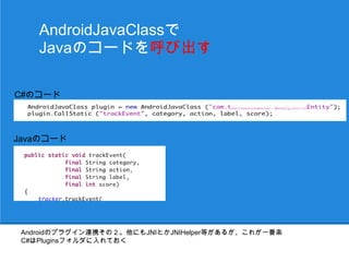 AndroidJavaClassで
    Javaのコードを呼び出す

C#のコード




Javaのコード




 Androidのプラグイン連携その２。他にもJNIとかJNIHelper等があるが、これが一番楽
 C#はPluginsフォルダに入れておく
 Javaのコードはjarに変換してPlugins/Androidへ
 