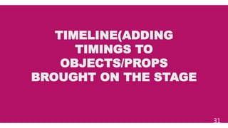 TIMELINE(ADDING
TIMINGS TO
OBJECTS/PROPS
BROUGHT ON THE STAGE
31
 