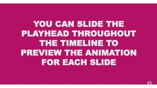 YOU CAN SLIDE THE
PLAYHEAD THROUGHOUT
THE TIMELINE TO
PREVIEW THE ANIMATION
FOR EACH SLIDE
45
 