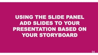 USING THE SLIDE PANEL
ADD SLIDES TO YOUR
PRESENTATION BASED ON
YOUR STORYBOARD
94
 