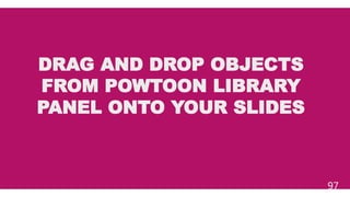 DRAG AND DROP OBJECTS
FROM POWTOON LIBRARY
PANEL ONTO YOUR SLIDES
97
 