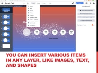 YOU CAN INSERT VARIOUS ITEMS
IN ANY LAYER, LIKE IMAGES, TEXT,
AND SHAPES
 