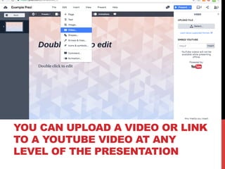 YOU CAN UPLOAD A VIDEO OR LINK
TO A YOUTUBE VIDEO AT ANY
LEVEL OF THE PRESENTATION
 