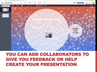 YOU CAN ADD COLLABORATORS TO
GIVE YOU FEEDBACK OR HELP
CREATE YOUR PRESENTATION
 