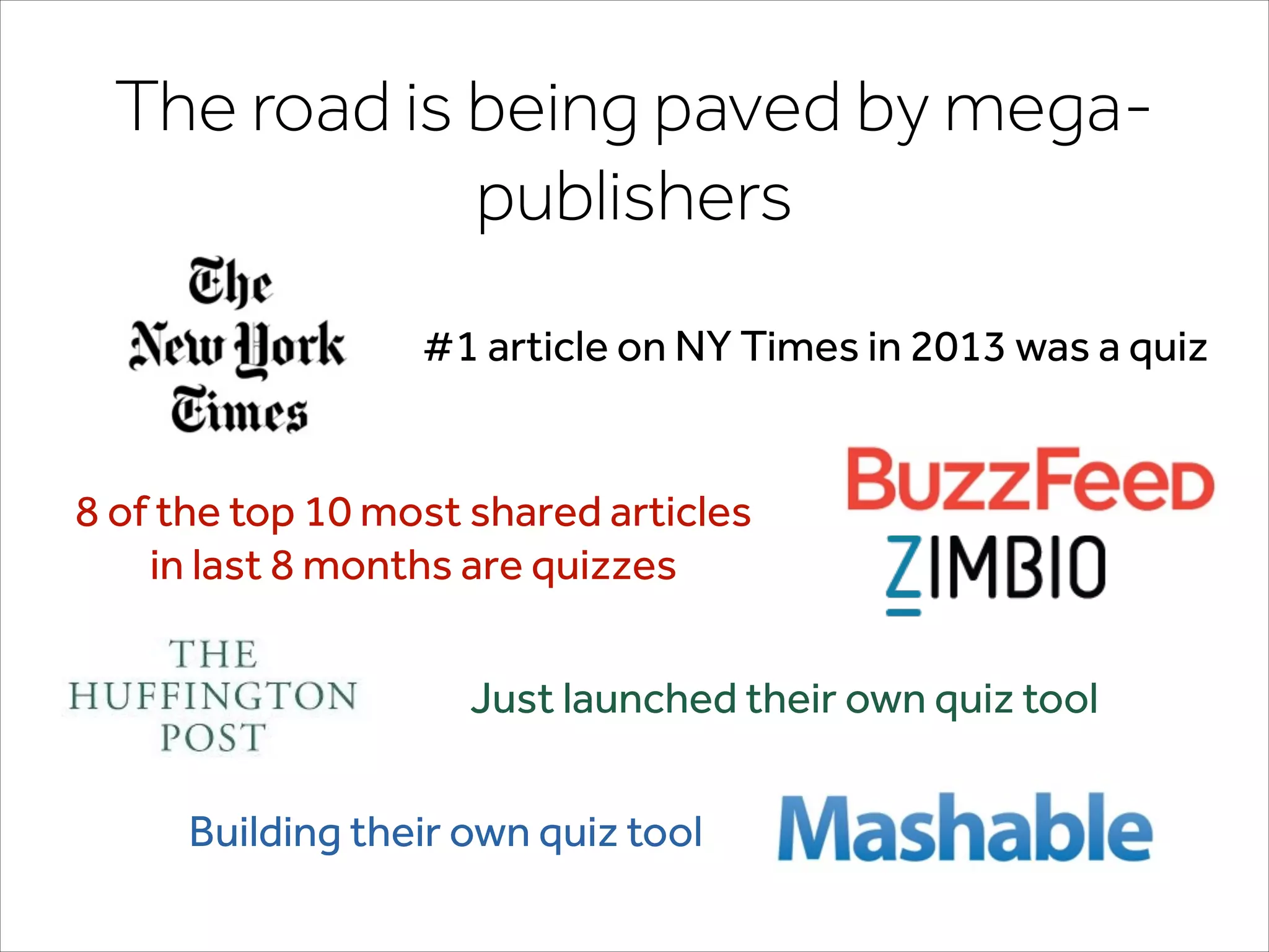 The road is being paved by mega-
publishers
#1 article on NY Times in 2013 was a quiz
8 of the top 10 most shared articles
in last 8 months are quizzes
Just launched their own quiz tool
Building their own quiz tool