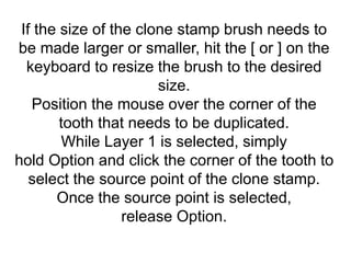 If the size of the clone stamp brush needs to
be made larger or smaller, hit the [ or ] on the
keyboard to resize the brush to the desired
size.
Position the mouse over the corner of the
tooth that needs to be duplicated.
While Layer 1 is selected, simply
hold Option and click the corner of the tooth to
select the source point of the clone stamp.
Once the source point is selected,
release Option.
 