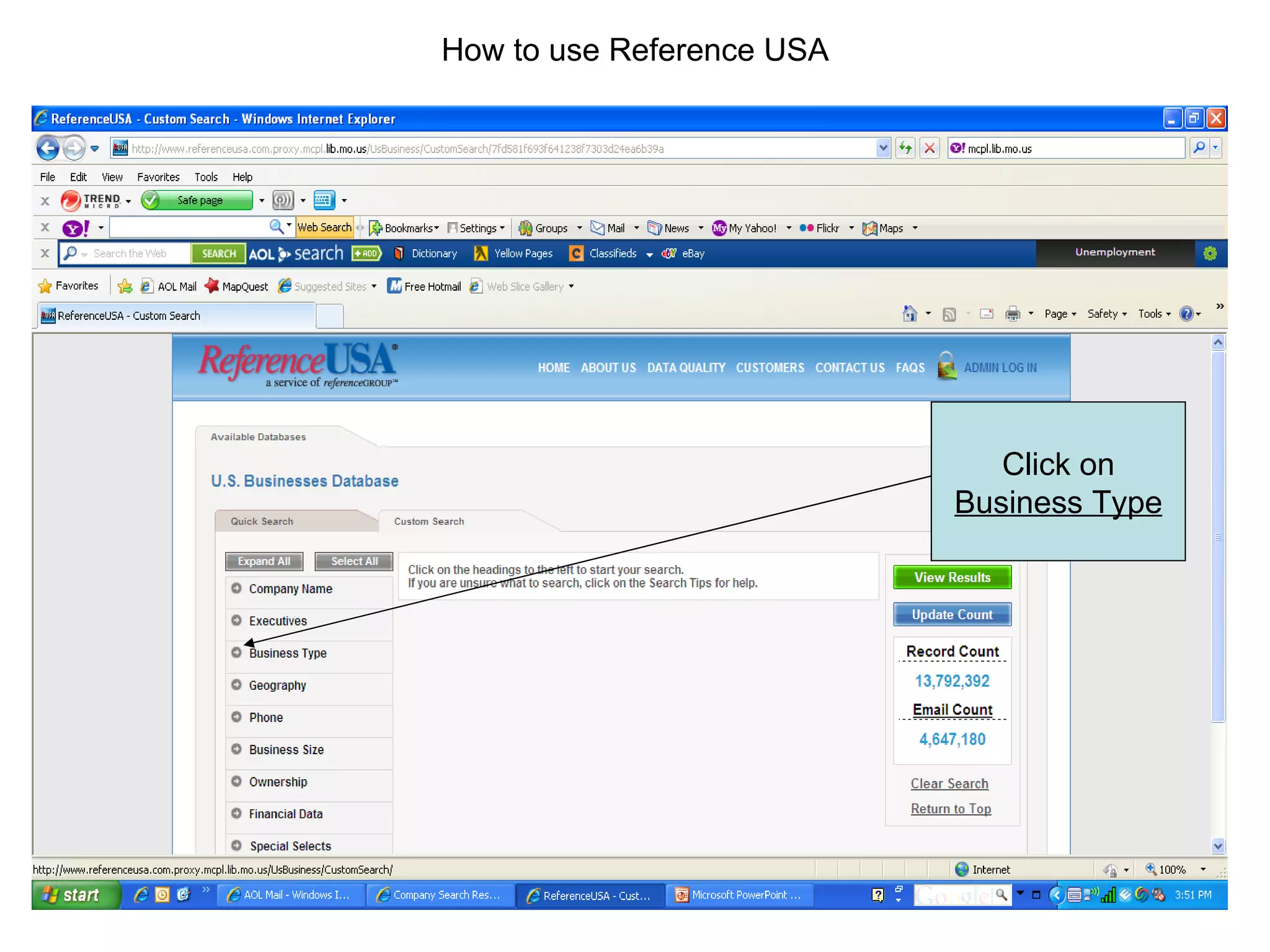 How to use Reference USA Click on Business Type 