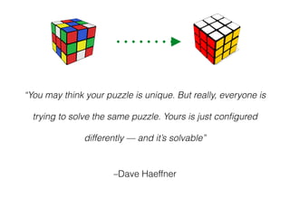–Dave Haeffner
“You may think your puzzle is unique. But really, everyone is
trying to solve the same puzzle. Yours is just conﬁgured
differently — and it’s solvable”
 