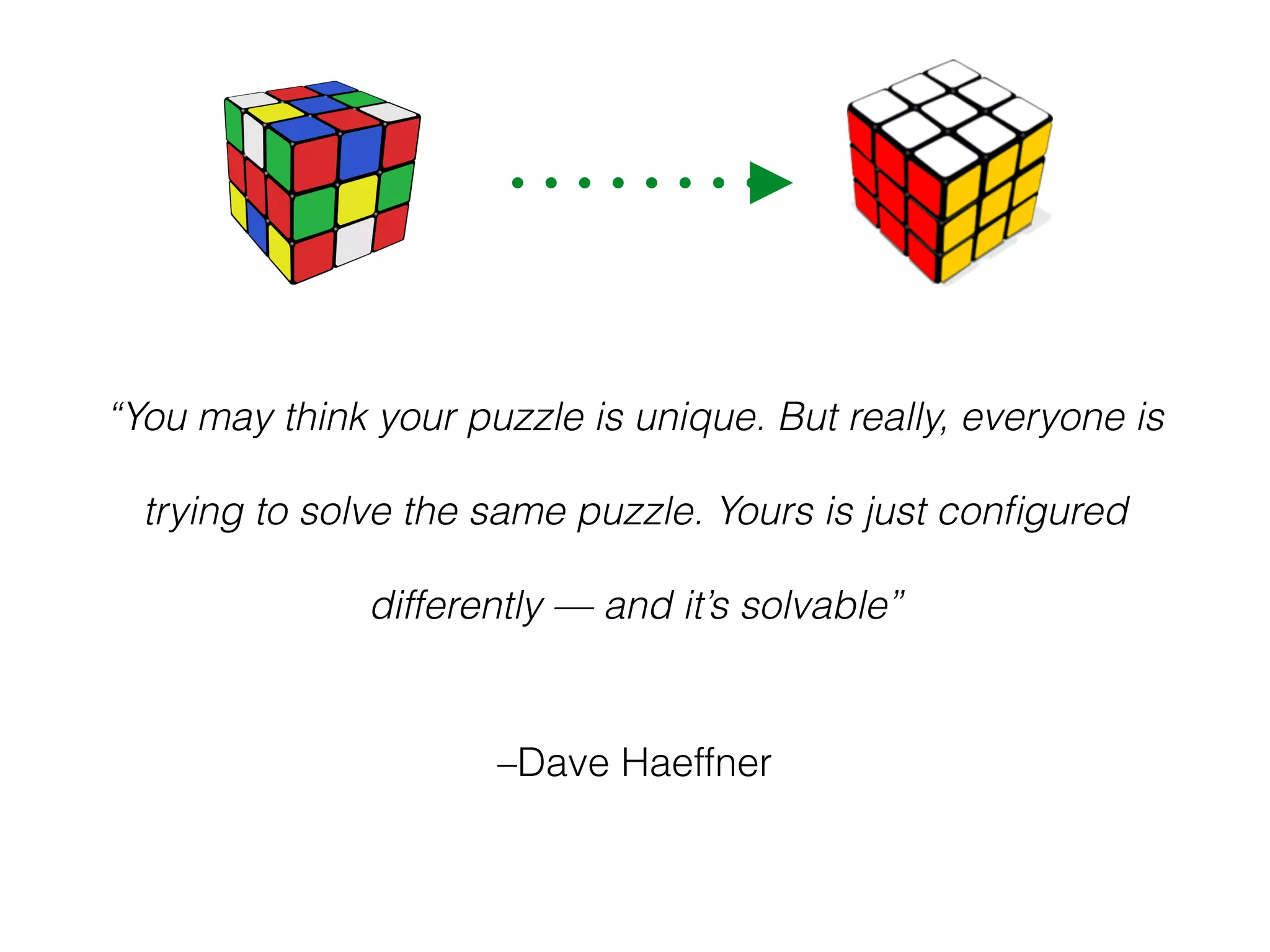 –Dave Haeffner
“You may think your puzzle is unique. But really, everyone is
trying to solve the same puzzle. Yours is just conﬁgured
differently — and it’s solvable”
 