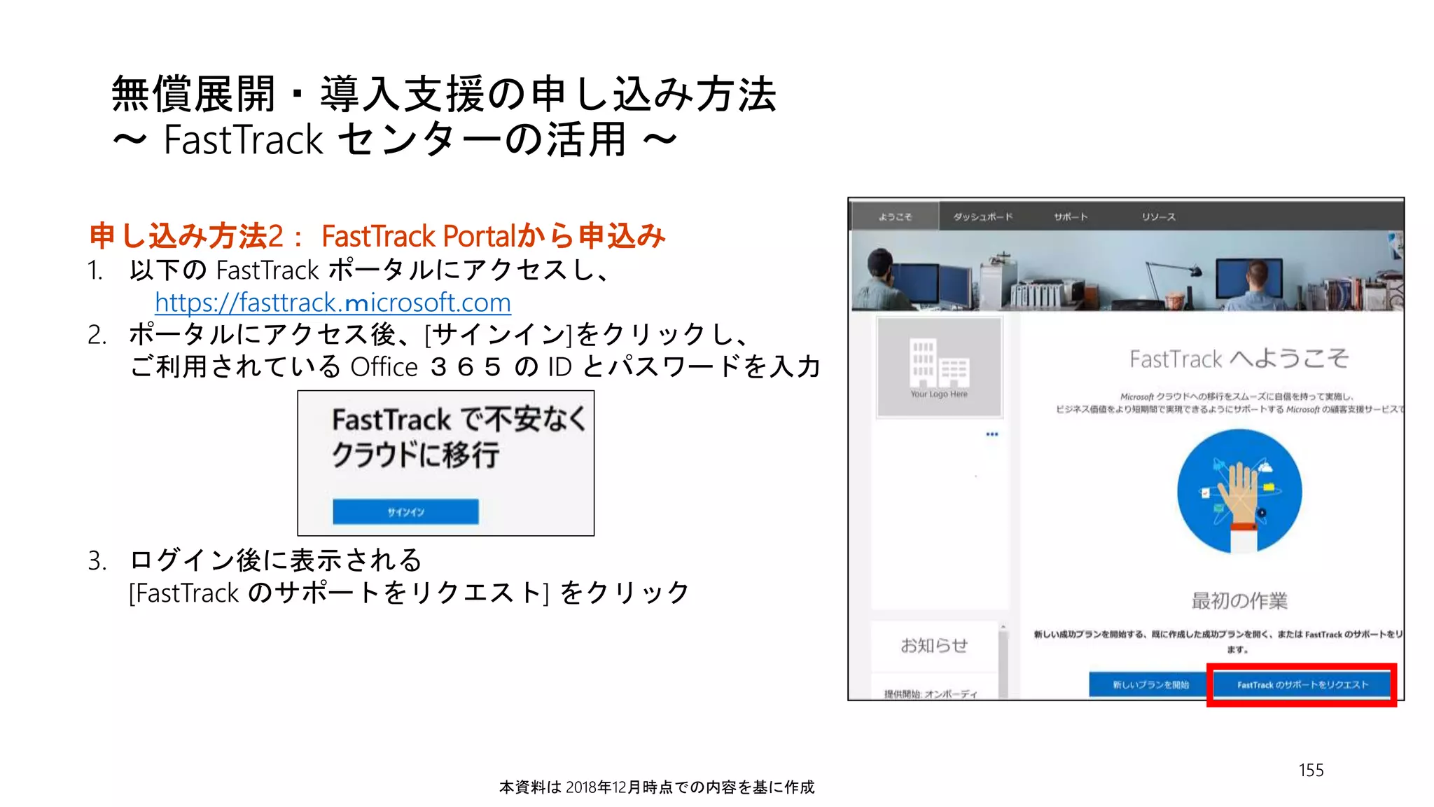 無償展開・導入支援の申し込み方法
～ FastTrack センターの活用 ～
155
申し込み方法2： FastTrack Portalから申込み
1. 以下の FastTrack ポータルにアクセスし、
https://fasttrack.ｍicrosoft.com
2. ポータルにアクセス後、[サインイン]をクリックし、
ご利用されている Office ３６５ の ID とパスワードを入力
3. ログイン後に表示される
[FastTrack のサポートをリクエスト] をクリック
本資料は 2018年12月時点での内容を基に作成
 