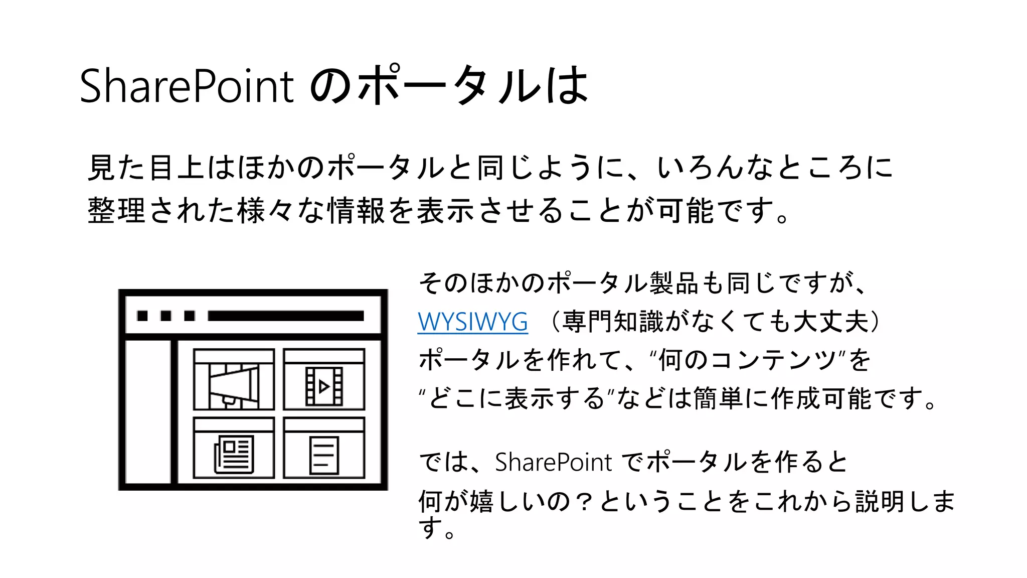SharePoint のポータルは
見た目上はほかのポータルと同じように、いろんなところに
整理された様々な情報を表示させることが可能です。
そのほかのポータル製品も同じですが、
WYSIWYG （専門知識がなくても大丈夫）
ポータルを作れて、“何のコンテンツ”を
“どこに表示する”などは簡単に作成可能です。
では、SharePoint でポータルを作ると
何が嬉しいの？ということをこれから説明しま
す。
 