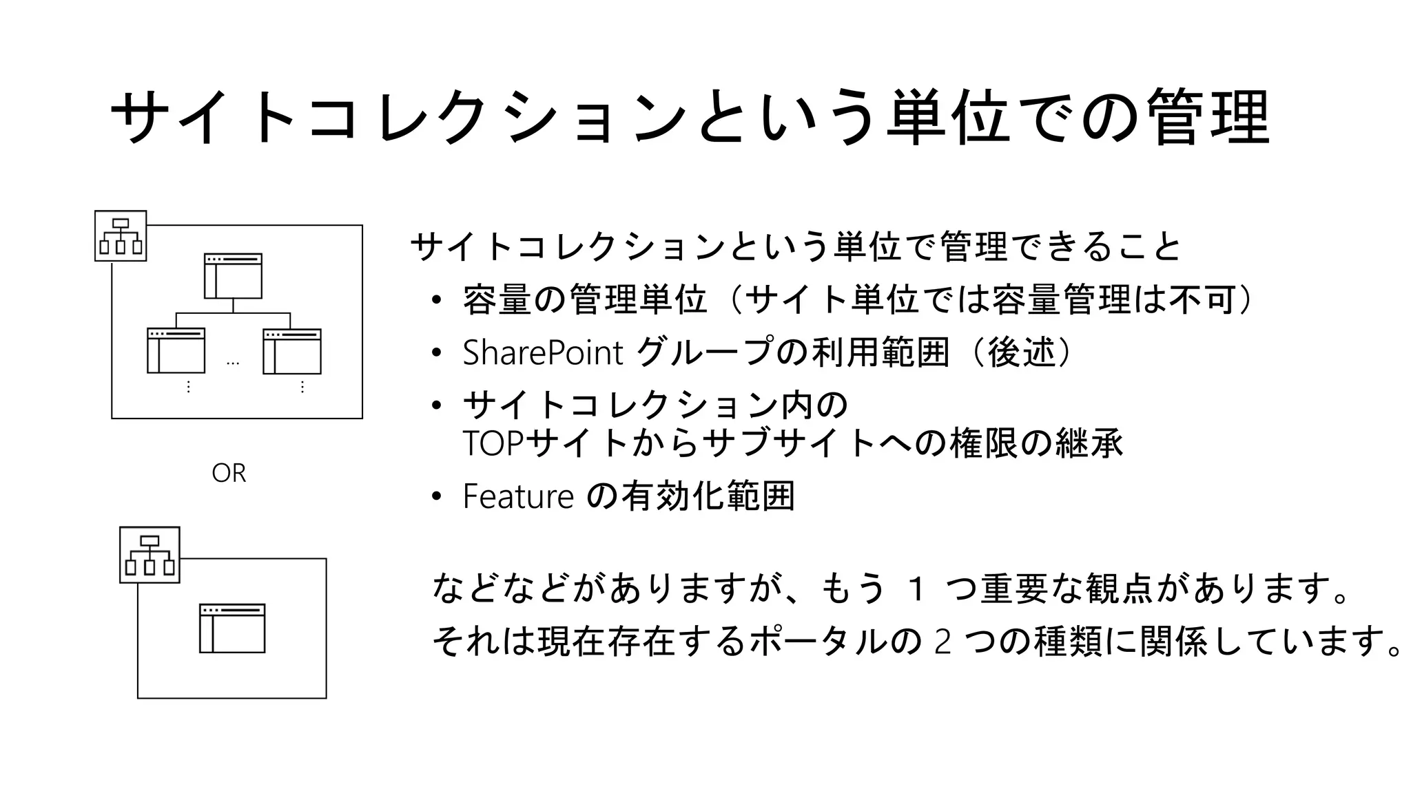 サイトコレクションという単位での管理
サイトコレクションという単位で管理できること
• 容量の管理単位（サイト単位では容量管理は不可）
• SharePoint グループの利用範囲（後述）
• サイトコレクション内の
TOPサイトからサブサイトへの権限の継承
• Feature の有効化範囲
などなどがありますが、もう １ つ重要な観点があります。
それは現在存在するポータルの 2 つの種類に関係しています。
OR
…
…
…
 