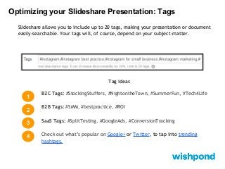 Optimizing your Slideshare Presentation: Tags
Slideshare allows you to include up to 20 tags, making your presentation or document
easily-searchable. Your tags will, of course, depend on your subject-matter.

Tag ideas

1
2

B2C Tags: #StockingStuffers, #NightontheTown, #SummerFun, #Tech4Life
B2B Tags: #SMM, #bestpractice, #ROI

3

SaaS Tags: #SplitTesting, #GoogleAds, #ConversionTracking

4

Check out what’s popular on Google+ or Twitter, to tap into trending
hashtags.

 