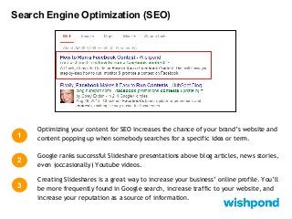Search Engine Optimization (SEO)

1

Optimizing your content for SEO increases the chance of your brand’s website and
content popping up when somebody searches for a specific idea or term.

2

Google ranks successful Slideshare presentations above blog articles, news stories,
even (occasionally) Youtube videos.

3

Creating Slideshares is a great way to increase your business’ online profile. You’ll
be more frequently found in Google search, increase traffic to your website, and
increase your reputation as a source of information.

 