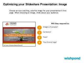 Optimizing your Slideshare Presentation: Image
Choose an eye-catching, colorful image for your presentation’s first
page. When choosing an image, think about your audience.

Will they respond to:

1

Images of people?

2

Cartoons?

3

Text?

4

Your brand logo?

 