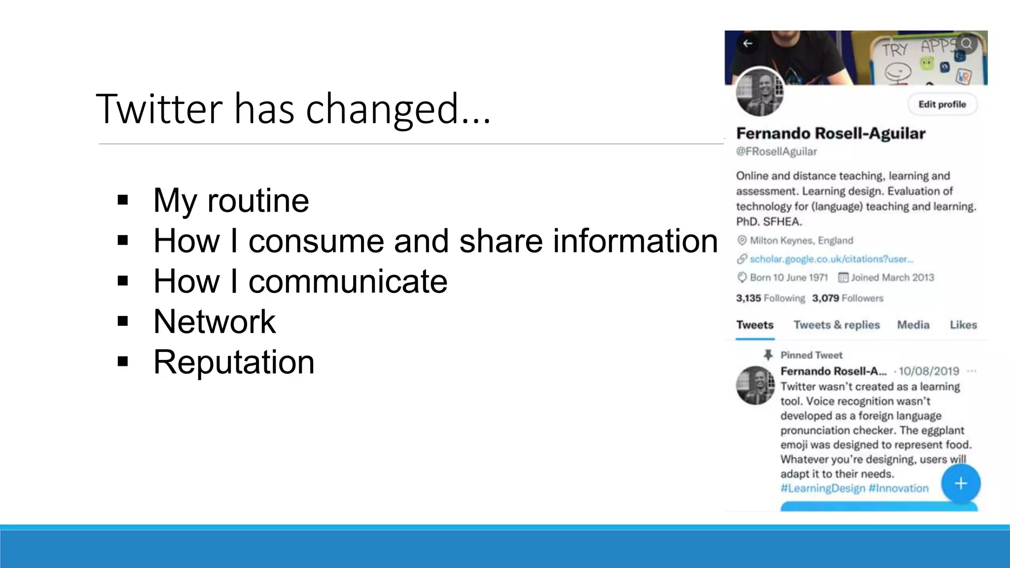 Twitter has changed...
 My routine
 How I consume and share information
 How I communicate
 Network
 Reputation
 