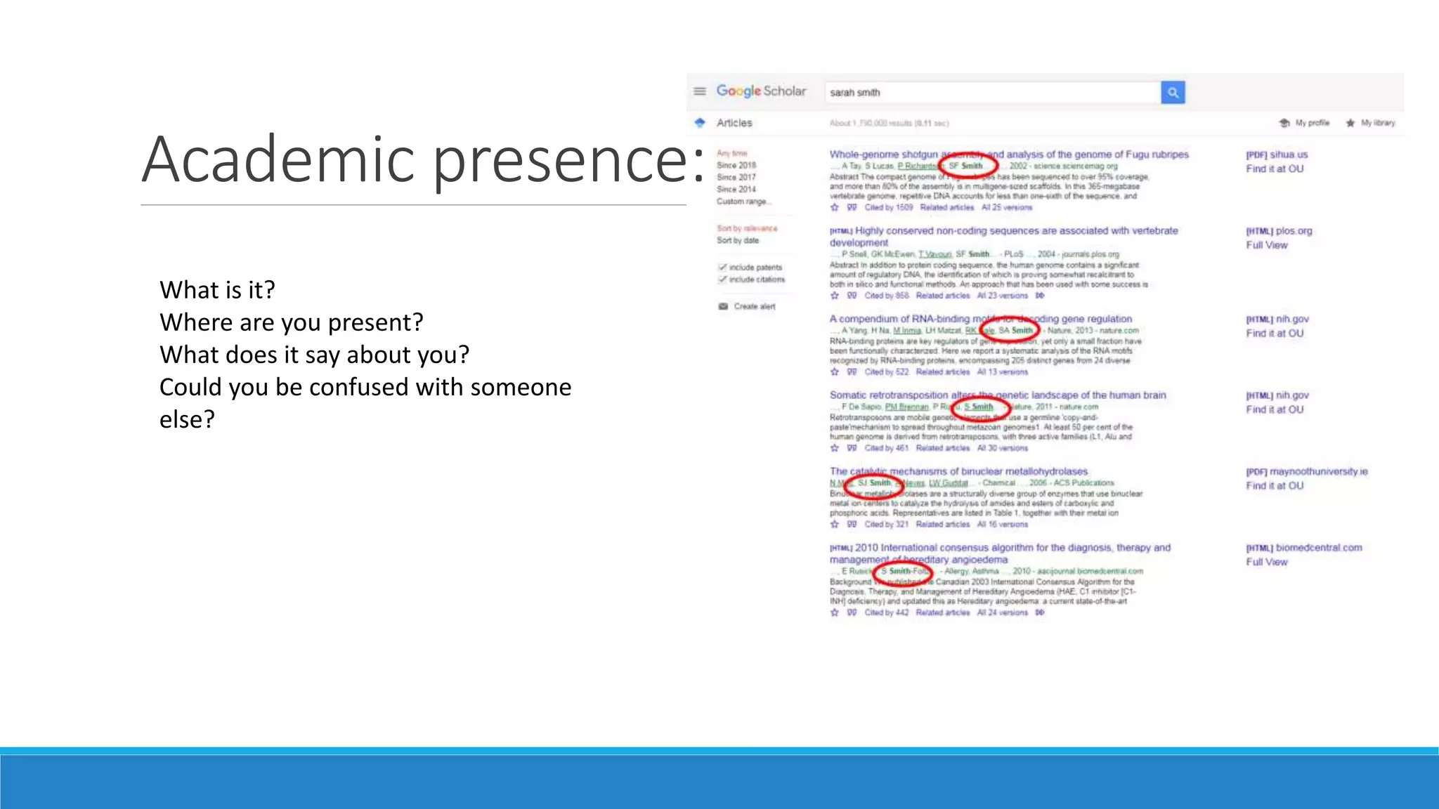 Academic presence:
What is it?
Where are you present?
What does it say about you?
Could you be confused with someone
else?
 