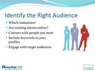 Identify the Right Audience  <ul><li>Which Industries? </li></ul><ul><li>Are existing clients online? </li></ul><ul><li>Co...