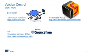 Version Control
Subversion
TortoiseSVN (Windows) Cornerstone (MAC)
https://tortoisesvn.net/ http://www.zennaware.com/cornerstone/
Git
Sourcetree (Windows & Mac)
https://www.sourcetreeapp.com/
13
client tools
 