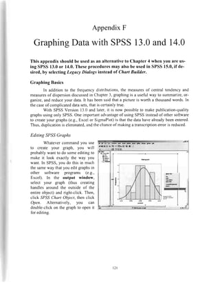 AppendixF
GraphingDatawithSPSS13.0and14.0
Thisappendixshouldbeusedasanalternativeto Chapter4 whenyouareus-
ing SPSS13.0or 14.0.Theseproceduresmayalsobeusedin SPSS15.0,if de-
sired,by selectingLegacyDialogsinsteadof ChortBuilder.
GraphingBasics
In addition to the frequencydistributions,the measuresof central tendencyand
measuresof dispersiondiscussedin Chapter3, graphingis a usefulway to summarize,or-
ganize,and reduceyour data.It hasbeensaidthat a pictureis worth a thousandwords.In
thecaseof complicateddatasets,thatis certainlytrue.
With SPSSVersion 13.0and later,it is now possibleto makepublication-quality
graphsusingonly SPSS.One importantadvantageof using SPSSinsteadof othersoftware
to createyour graphs(e.9.,Excel or SigmaPlot)is thatthe datahavealreadybeenentered.
Thus,duplicationis eliminated,andthechanceof makinga transcriptionerror is reduced.
Editing SP,S,SGraphs
Whatevercommandyou use
to create your graph, you will
probablywant to do someeditingto
make it look exactly the way you
want.In SPSS,you do this in much
the sameway thatyou edit graphsin
other software programs (e.9.,
Excel). In the output window,
select your graph (thus creating
handles around the outside of the
entire object) and righrclick. Then,
click SPSSChart Object,then click
Open. Alternatively, you can
double-clickon the graphto open it
for editing.
tl9:.1tl1bl rl .l@lklDlol rl : j
l
,
l
8L
t21
 