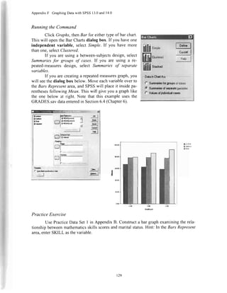 ]1
AppendixF GraphingDatawithSPSS13.0and14.0
Runningthe Command
Click Graphs,thenBar for eithertypeof barchart.
Thiswill opentheBarChartsdialogbox.If youhaveone
independentvariable, selectSimple.If you havemore
thanone,selectClustered.
If you areusinga between-subjectsdesign,select
Summariesfor groups of cases.If you are using a re-
peated-measuresdesign, select Summariesof separate
variables.
If you arecreatinga repeatedmeasuresgraph,you
will seethedialogboxbelow.Moveeachvariableoverto
theBarsRepresentarea,andSPSSwill placeit insidepa-
renthesesfollowingMean.Thiswill giveyoua graphlike
the onebelowat right. Note that this exampleusesthe
GRADES.savdataenteredin Section6.4(Chapter6).
lr#
I t*ls
o rhd
Practice Exercise
UsePracticeDataSetI in AppendixB. Constructa bargraphexaminingtherela-
tionshipbetweenmathematicsskillsscoresandmaritalstatus.Hint: In theBarsRepresent
area.enterSKILL asthevariable.
t29
 