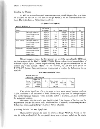 f
Chapter6 ParametricInferentialStatistics
ReadingtheOutput
As with thestandardrepeatedmeasurescommand,theGLM procedureprovidesa
lot of outputwe will notuse.Fora mixed-designANOVA, we areinterestedin two sec-
tions.Thefirst is Testsof Within-SubjectsEffects.
Testsot Wrtlrilr-SuuectsEflects
Measure:
Source
TypelllSum
ofSquares df MeanSouare F sis
time sphericityAssumed
Greenhouse-Geissel
Huynh-Feldt
Lower-bound
5673.746
5673.746
5673.746
5673.746
-2
1.181
1.356
1.000
2836.873
4802.586
4't83.583
5673.746
817.954
817.954
817.954
817.954
000
000
000
000
time' instruct SphericilyAssumed
0reenhouse-Geisser
Huynh-Feldt
Lower-bound
806.063
806.063
806.063
806.063
4
2.363
2.f't2
2.000
201.516
341.149
297.179
403.032
58.103
58.103
58.103
58.103
.000
.000
.000
.000
Erro(time) SphericityAssumed
Greenhouse-Geisser
Huynh-Feldt
Lower-bound
124857
124.857
124.857
124.857
36
21.265
24.41'.|
18.000
3.468
5.871
5.115
6.S37
This sectiongivestwo of the threeanswerswe need(themain effect for TIME and
the interactionresultfor TIME x INSTRUCTOR).The secondsectionof outputis Testsof
Between-subjectsEffects(sampleoutput is below). Here, we get the answersthat do not
contain any within-subjects effects. For our example, we get the main effect for
INSTRUCT. Both of thesesectionsmust be combinedto oroducethe full answerfor our
analysis.
Testsot Betryeen-Sill)iectsEltecls
Measure:MEASURE1
ransformedVariable:
Source
TypelllSum
ofSquares df MeanSouare F Siq.
Intercepl
inslrucl
Enor
364192.063
18.698
4368.571
I
2
18
364192.063
9.349
242.6S8
1500.595
.039
.000
.962
If we obtain significanteffects,we must perform somesort of post-hocanalysis.
Again, this is oneof the limitationsof SPSS.No easyway to performthe appropriatepost-
hoc test for repeated-measures(within-subjects)factorsis available.Ask your instructor
for assistancewith this.
When describingthe results,you shouldincludeF, the degreesof freedom,andthe
significancelevel for eachmain effectandinteraction.In addition,somedescriptivesta-
tisticsmustbe included(eithergivemeansor includea figure).
Phrasing ResultsThat Are Significant
There are threeanswers(at least)for all mixed-designANOVAs. PleaseseeSec-
tion 6.6 on factorialANOVA for moredetailsabouthow to interpretandphrasetheresults.
77
 