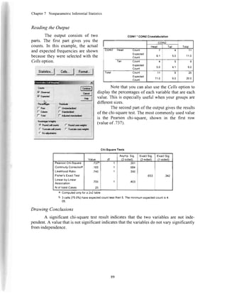 Chapter7 NonparametricInferentialStatistics
ReadingtheOutput
The output consistsof two
parts.The first part givesyou the
counts.In this example,the actual
andexpectedfrequenciesareshown
becausetheywereselectedwith the
Cel/soption.
?r{t$t,,,.l!{h I l?ry1!,,,I
!
Ccrr*c fq.rrt I,--!
;l? 0b*cvcd : Cr"* |
1v rxpccico
fron I
N
P"cc*$or Rrdd'Alc
i
il* npw i if uttlaltddtu I
;l" Colrm I lf $.n*rtu I
t|* ral I ll* n4,a"e*aru*Auco I
1.,..-...-..-..--,..----".*.Ji.-*-..--.--.--.'***--*--***-l
: Nodrlc$aW{t*t -'- ""-"-^ '-"'-"-l
i r no,"u.or"or*r l^ 8o.ndc..trradtr
i
I f Trurlccalcorntr l. Innc*cr*vralrf*
|
I r Xor4.r*rprr
I
COINI' GOIN2Crosstabulatlon
corN2
TotalHead Tail
golNl Fleao uounl
Expected
Count
6.1
4
EN
11
11.0
Tail Count
Expected
Count
4
5.0 4.1
Y
9.0
Total Count
Expected
Count
11
11.0
I
on
20
20.0
Note that you can also use the Cells option to
displaythe percentagesof eachvariablethat areeach
value.This is especiallyusefulwhen your groupsare
differentsizes.
The secondpart of the outputgivesthe results
of thechi-squaretest.The mostcommonlyusedvalue
is the Pearsonchi-square,shown in the first row
(valueof .737).
Chi-SquareTests
Value df
Asymp.Sig
(2-sided)
ExactSig,
(2-sided)
ExactSig.
(1-sided)
PearsonL;nr-!'quare
ContinuityCorrectiorf
LikelihoodRatio
Fisher'sExactTest
Linear-by-Linear
Association
N of ValidCases
{3t"
165
740
700
20
I
1
1
I
.391
.684
.390
.403
.653 .342
a' ComputedonlYfor a 2x2lable
b. 3 cells(75.0%)haveexpectedcountlessthan5. Theminimumexpectedcountis 4.
05.
Drawing Conclusions
A significantchi-squaretestresultindicatesthatthe two variablesarenot inde-
pendent.A valuethatis notsignificantindicatesthatthevariablesdonotvarysignificantly
fromindependence.
89
 
