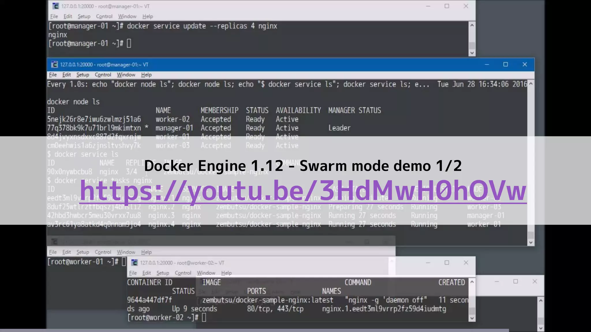 Docker Engine 1.12 - Swarm mode demo 1/2
https://youtu.be/3HdMwH0hOVw
 