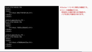 $ curl 210.140.82.136
<html>
<body>
<h1>Host: 84b779f301c8</h1>
</body>
</html>
zembutsu@zembutsu-PC ~
$ curl 210.140.82.136
<html>
<body>
<h1>Host: 1683ce28dd42</h1>
</body>
</html>
zembutsu@zembutsu-PC ~
$ curl 210.140.82.136
<html>
<body>
<h1>Host: e78086a4e53a</h1>
</body>
</html>
※Docker 1.12-RC2現在の情報です。
※リリース候補版のため、
将来的に仕様が変わる可能性や、
バグを含む可能性があります。
 