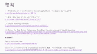 参考
[1] The Evolution of the Modern Software Supply Chain - The Docker Survey, 2016
https://www.docker.com/survey-2016/
[2] 実話！実はIDCFクラウドって◯◯なんです
http://www.slideshare.net/IDCFrontier/idcf
[3] Swarm mode key concepts
https://docs.docker.com/engine/swarm/key-concepts/
[4] Docker for Ops: Docker Networking Deep Dive, Considerations and Troubleshooting
http://www.slideshare.net/Docker/docker-for-ops-docker-networking-deep-dive-considerations-and-
troubleshooting-by-madhu-venugopal-and-jana-radhakrishnan
補足資料：
Swarm mode overview
https://docs.docker.com/engine/swarm/
Docker 1.12: swarm モードと Ingress Load Balancing 概要 · Pocketstudio Technology Log
https://pocketstudio.net/2016/06/23/docker-1-12-swarm-mode-and-ingress-load-balancing/
 