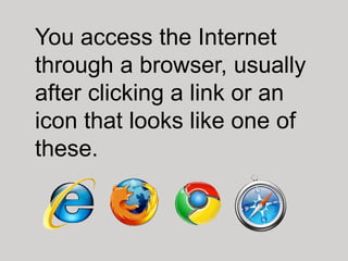 You access the Internet
through a browser, usually
after clicking a link or an
icon that looks like one of
these.
 
