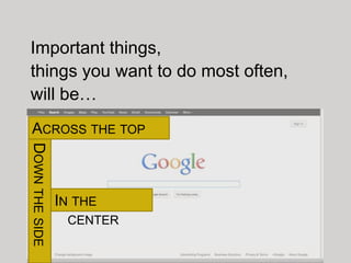 Important things,
things you want to do most often,
will be…
 ACROSS THE TOP
DOWN THE SIDE




                IN THE
                 CENTER
 