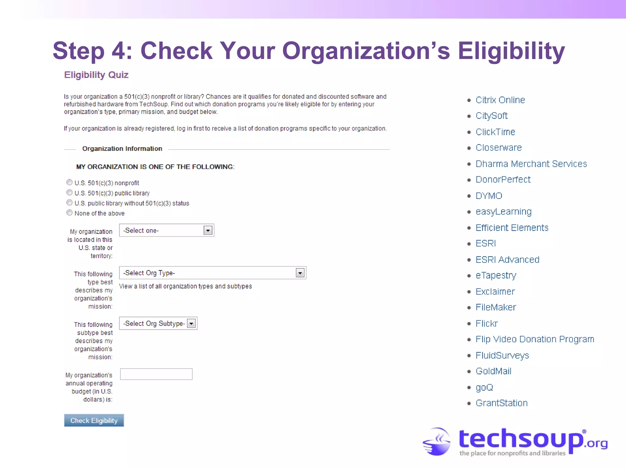 Step 4: Check Your Organization’s Eligibility
 