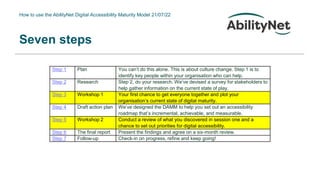 How to use the AbilityNet Digital Accessibility Maturity Model 21/07/22
Seven steps
Step 1 Plan You can’t do this alone. This is about culture change. Step 1 is to
identify key people within your organisation who can help.
Step 2 Research Step 2, do your research. We’ve devised a survey for stakeholders to
help gather information on the current state of play.
Step 3 Workshop 1 Your first chance to get everyone together and plot your
organisation’s current state of digital maturity.
Step 4 Draft action plan We’ve designed the DAMM to help you set out an accessibility
roadmap that’s incremental, achievable, and measurable.
Step 5 Workshop 2 Conduct a review of what you discovered in session one and a
chance to set out priorities for digital accessibility.
Step 6 The final report Present the findings and agree on a six-month review.
Step 7 Follow-up Check-in on progress, refine and keep going!
 