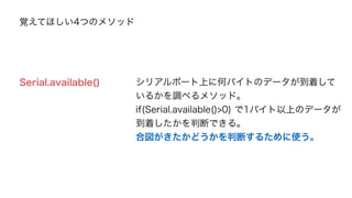 A STEP1. P 
通信開始の合図 
A P 
A P 
A P 
STEP2. 
STEP3. 
STEP4. 
USB 
データを空にする 
センサの値 
USB 
データを空にする 
ProcessingがArduino 
送信するように合図を送ります 
合図を受信したら、シリアルポート上 
のデータを空にします 
その後、センサ値を送信します 
センサ値を受信したら、データを 
空にします 
 