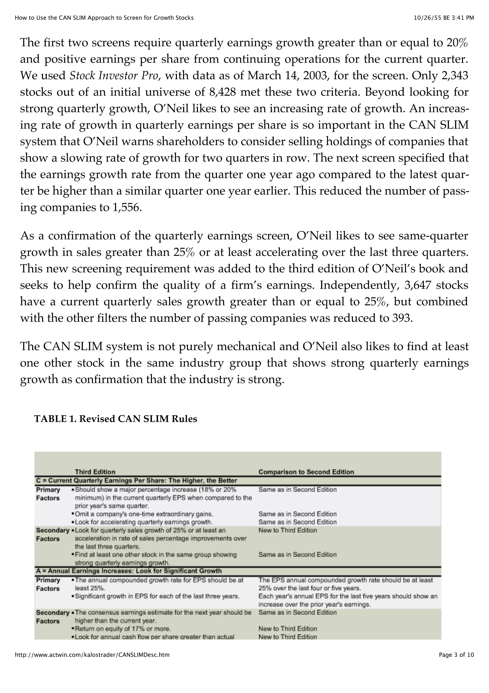 10/26/55 BE 3:41 PMHow to Use the CAN SLIM Approach to Screen for Growth Stocks
Page 3 of 10http://www.actwin.com/kalostrader/CANSLIMDesc.htm
The first two screens require quarterly earnings growth greater than or equal to 20%
and positive earnings per share from continuing operations for the current quarter.
We used Stock Investor Pro, with data as of March 14, 2003, for the screen. Only 2,343
stocks out of an initial universe of 8,428 met these two criteria. Beyond looking for
strong quarterly growth, O’Neil likes to see an increasing rate of growth. An increas-
ing rate of growth in quarterly earnings per share is so important in the CAN SLIM
system that O’Neil warns shareholders to consider selling holdings of companies that
show a slowing rate of growth for two quarters in row. The next screen specified that
the earnings growth rate from the quarter one year ago compared to the latest quar-
ter be higher than a similar quarter one year earlier. This reduced the number of pass-
ing companies to 1,556.
As a confirmation of the quarterly earnings screen, O’Neil likes to see same-quarter
growth in sales greater than 25% or at least accelerating over the last three quarters.
This new screening requirement was added to the third edition of O’Neil’s book and
seeks to help confirm the quality of a firm’s earnings. Independently, 3,647 stocks
have a current quarterly sales growth greater than or equal to 25%, but combined
with the other filters the number of passing companies was reduced to 393.
The CAN SLIM system is not purely mechanical and O’Neil also likes to find at least
one other stock in the same industry group that shows strong quarterly earnings
growth as confirmation that the industry is strong.
TABLE 1. Revised CAN SLIM Rules
 