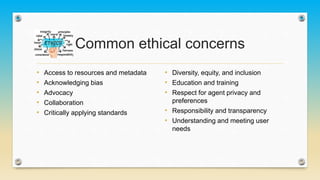 Common ethical concerns
• Access to resources and metadata
• Acknowledging bias
• Advocacy
• Collaboration
• Critically applying standards
• Diversity, equity, and inclusion
• Education and training
• Respect for agent privacy and
preferences
• Responsibility and transparency
• Understanding and meeting user
needs
 