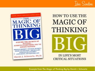 Idea Sandb×
                        HOW TO USE THE
                       MAGIC OF
                       THINKING

                        BIGIN LIFE'S MOST
                        CRITICAL SITUATIONS


Excerpts from The Magic of Thinking Big by David J. Schwartz
 