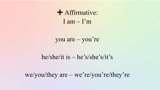 ➕ Affirmative:
I am – I’m
you are – you’re
he/she/it is – he’s/she’s/it’s
we/you/they are – we’re/you’re/they’re
 