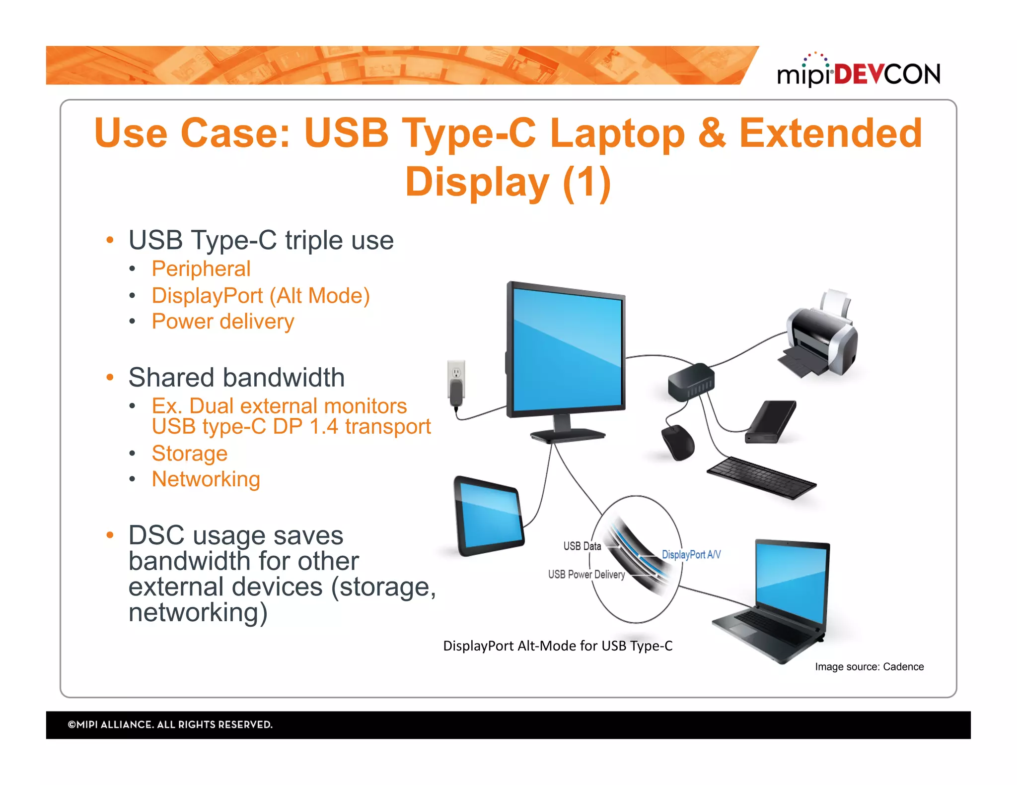 Use Case: USB Type-C Laptop & Extended
Display (1)
•  USB Type-C triple use
•  Peripheral
•  DisplayPort (Alt Mode)
•  Power delivery
•  Shared bandwidth
•  Ex. Dual external monitors
USB type-C DP 1.4 transport
•  Storage
•  Networking
•  DSC usage saves
bandwidth for other
external devices (storage,
networking)
DisplayPort	Alt-Mode	for	USB	Type-C	
Image source: Cadence
 