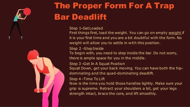 The Proper Form For A Trap
Bar Deadlift
Step 1–GetLoaded
First things first, load the weight. You can go on empty weight i...