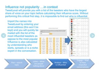 Influence not popularity …in context
    TweetLevel will provide you with a list of the tweeters who have the largest
    ...