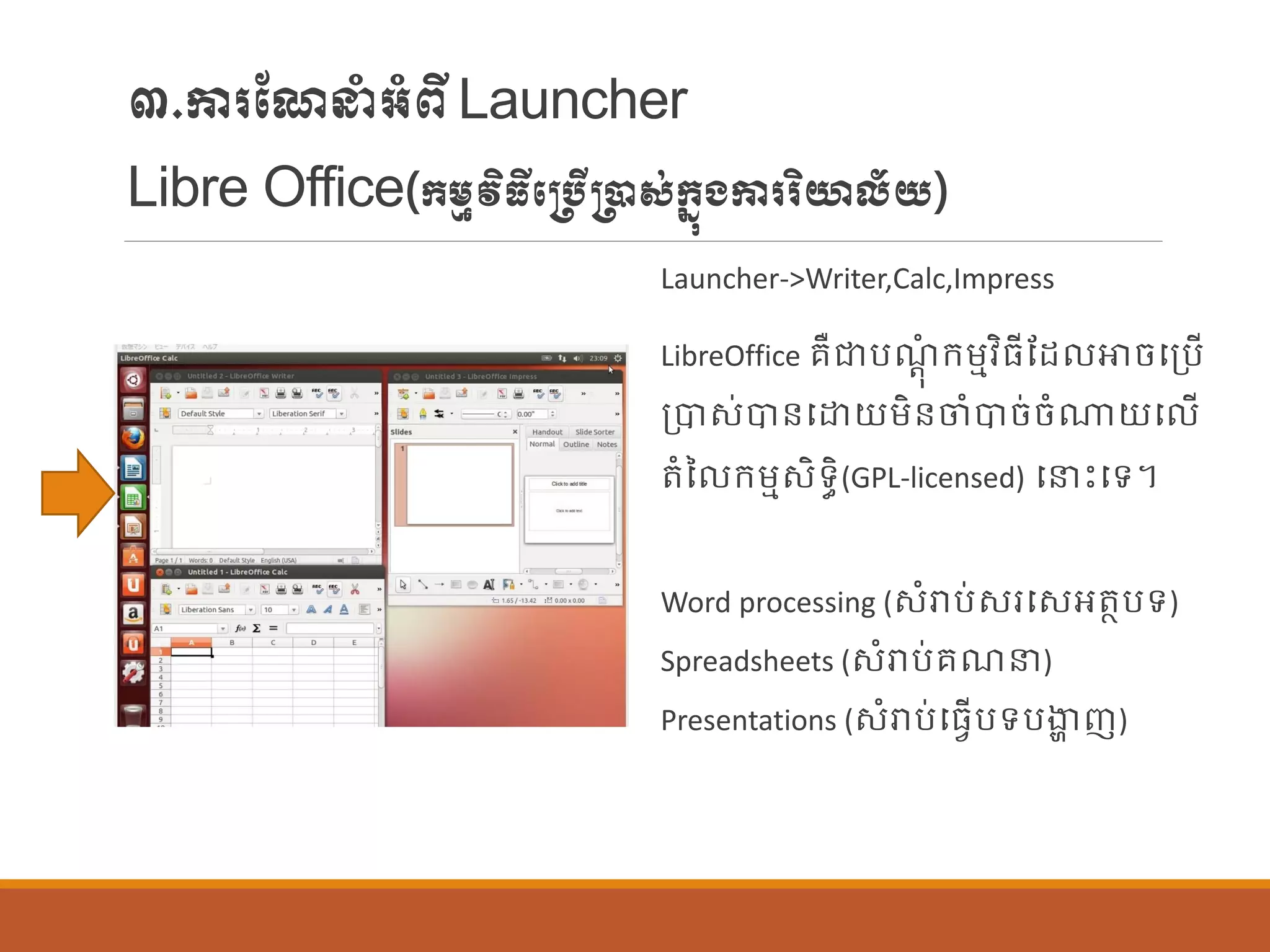 ៣.ការណែនាំអាំពីLauncher
Libre Office(ក្ម្មវិធីប្បើ្ាស់ក្នុងការរិយាល័យ)
Launcher->Writer,Calc,Impress
LibreOffice រឺជាបែតុាំ ក្ម្មវិធីណដ ោចបប្បើ
ប្បាស់បាន្បោយម្ិន្ចាំបាច់ចាំណាយប ើ
តាំន ក្ម្មសិទធិ(GPL-licensed) បនេះបទ។
Word processing (សាំរាប់សរបសអតាបទ)
Spreadsheets (សាំរាប់រែន)
Presentations (សាំរាប់បធែើបទបងាា ញ)
 
