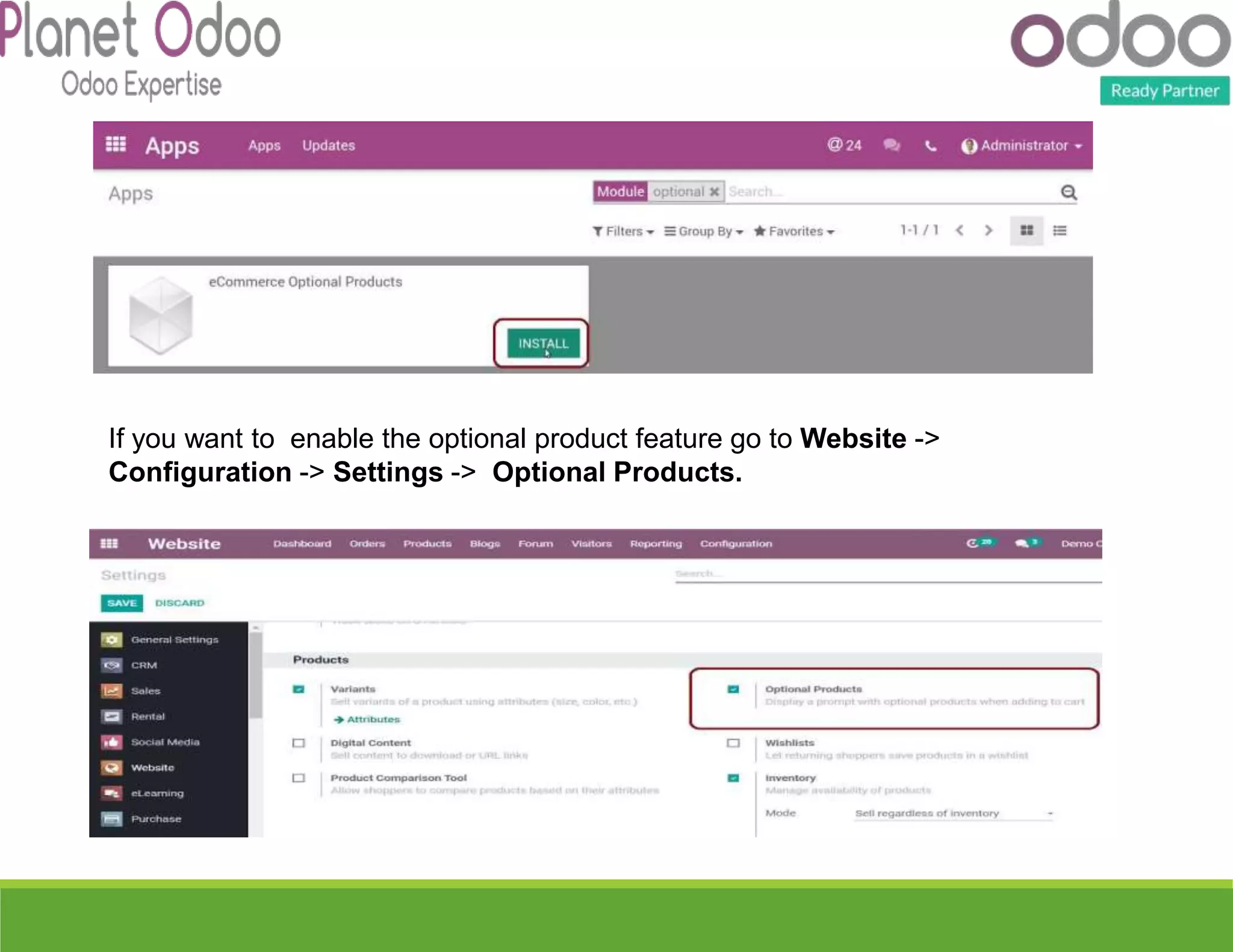If you want to enable the optional product feature go to Website ->
Configuration -> Settings -> Optional Products.
 